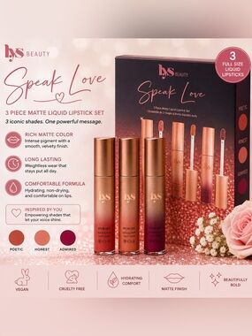 LYS Beauty Speak Love 3-Piece Hydrating Matte Liquid Lipstick Set NIB